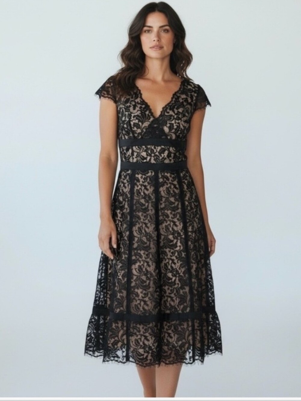 LOFT Dress Lace Overlay Size 6P Black Whimsigoth Dark Fairy Midi Vintage Wedding